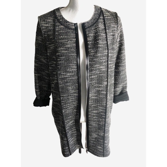 Club Monaco Long Boucle‎ Knit Black White Zip Blazer Leather Look Satin Trim M - Picture 1 of 12